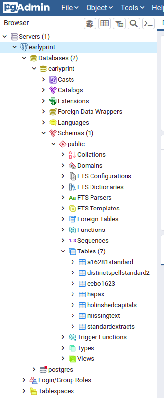 Tables in earlyprint database.